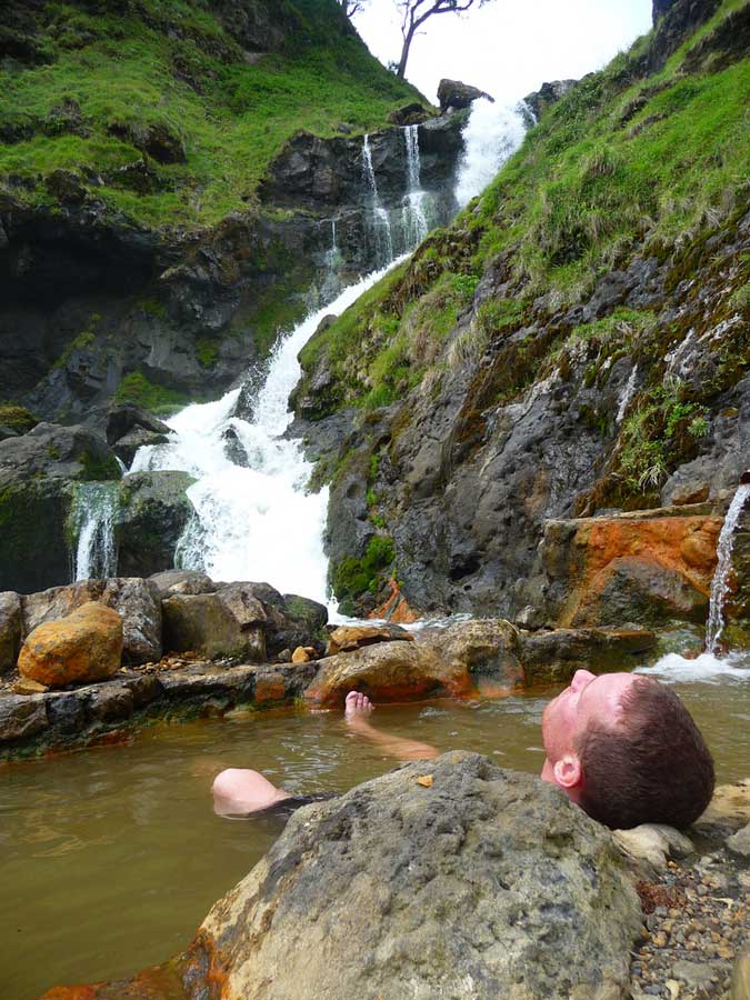 Relax Aik Kalak waterfalls Hot spring side Lake Segara Anak Mount Rinjani